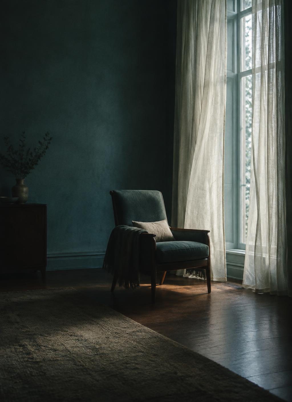 Una habitación silenciosa con un sillón junto a la ventana