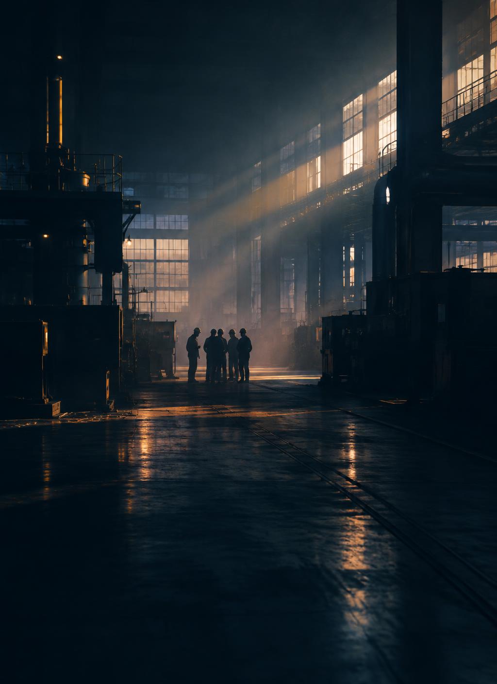 Personas conversando en una planta industrial al amanecer